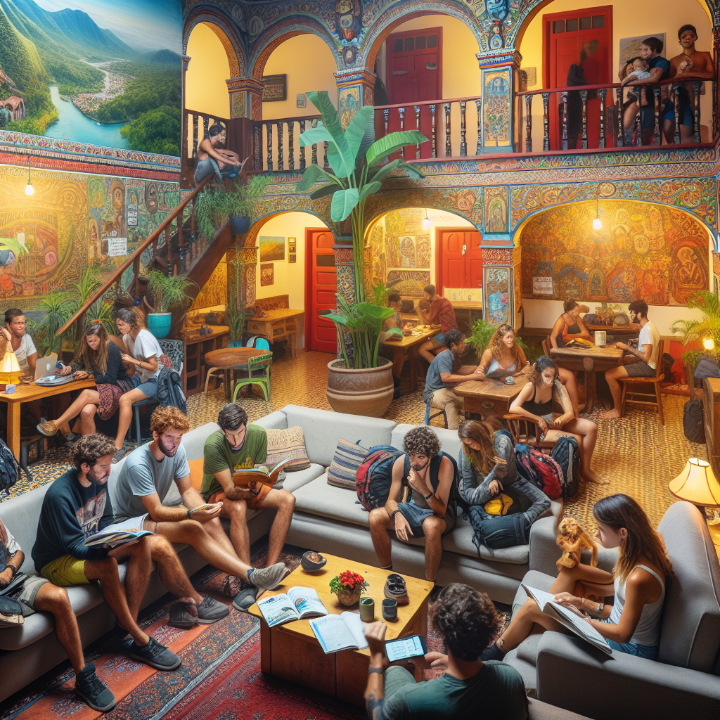 Colorful hostel patio in South America